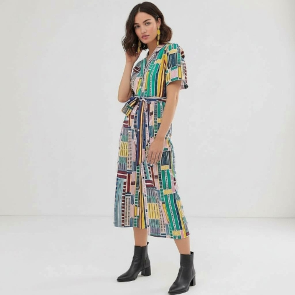 Asos Button Up Grid Print Linen Blend Cropped Jum… - image 1